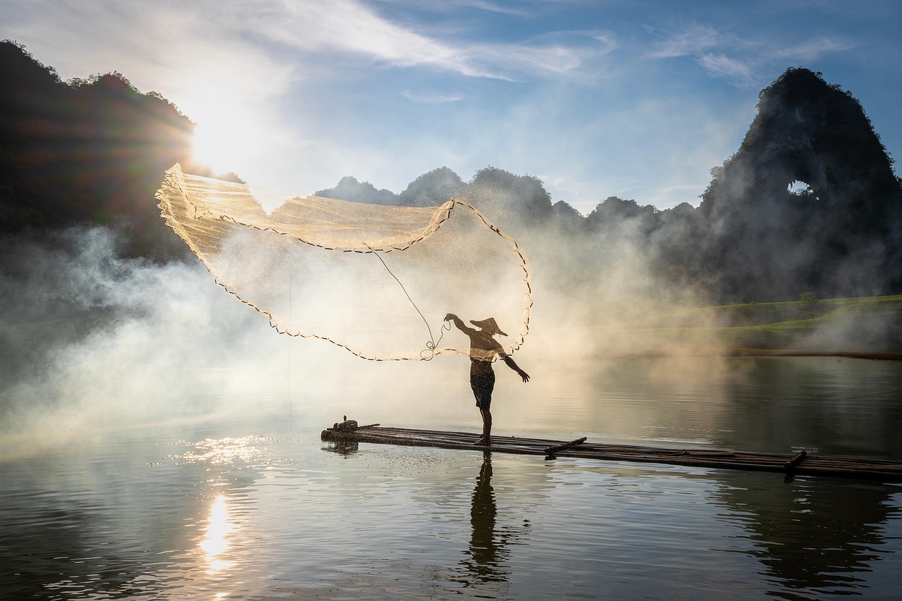 heros-img fishing, vietnam, fisherman, province, cao bang, lifestyle, daylight, life, nature, sky, water, mist, fog, sunlight